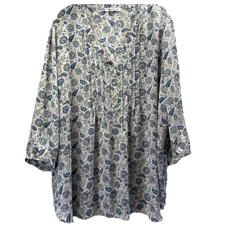 Rose & Olive Women's Top Size Large Blue Green Floral 3/4 Sleeve Bohemian V Neck